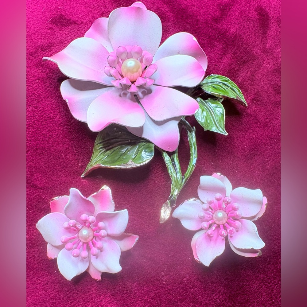 Mid Century Modern Era Pink Floral Brooch and Earrings Set Circa 1950’s - 1960’s